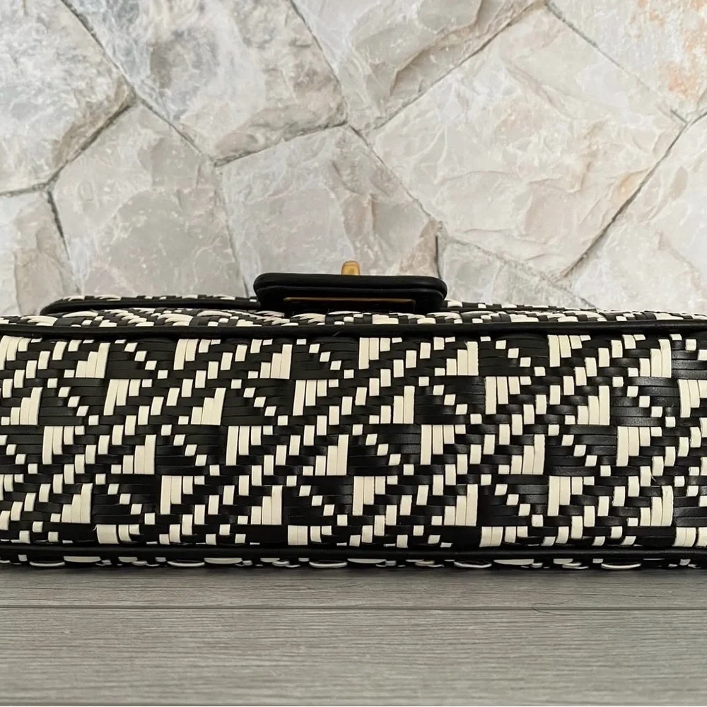 Karl Lagerfeld Black & White Geometric Woven Chain Shoulder Bag - Picture 7 of 9